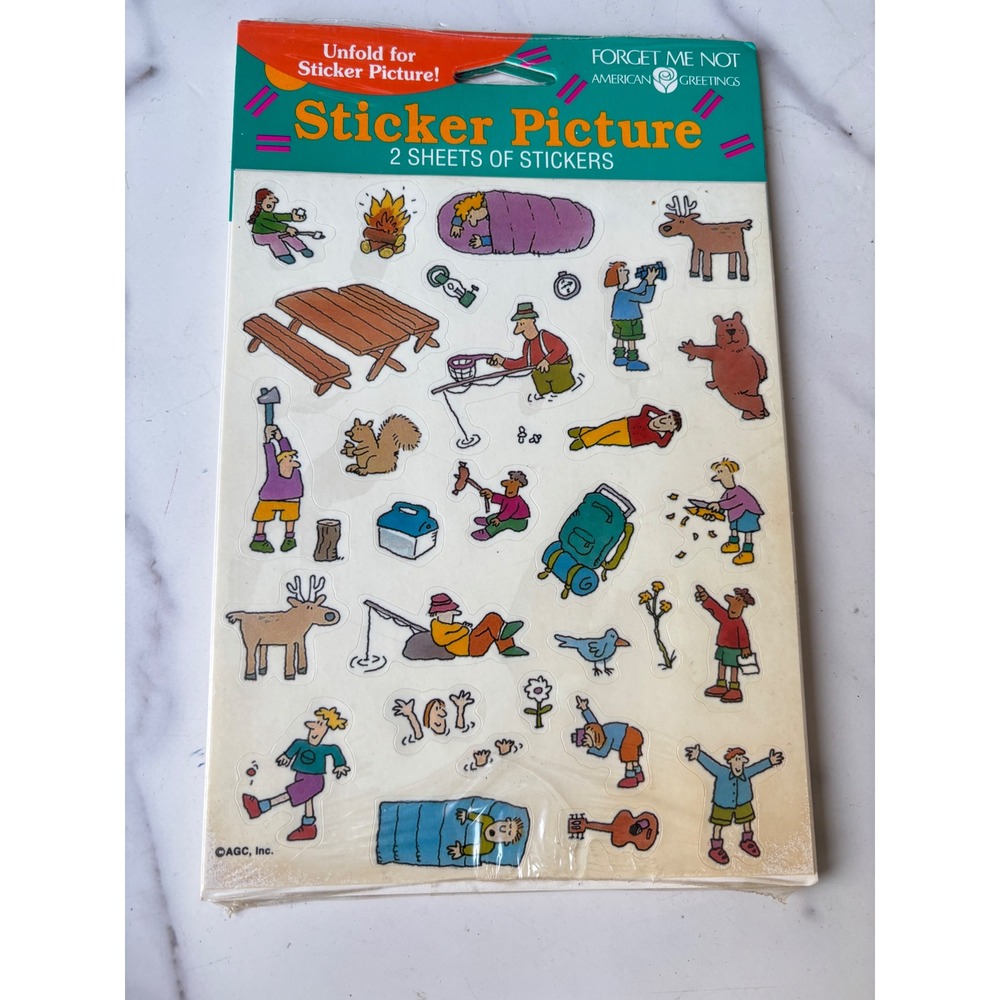 Vintage American Greetings Forget Me Not Camping Sticker Picture 2 Sheets NEW